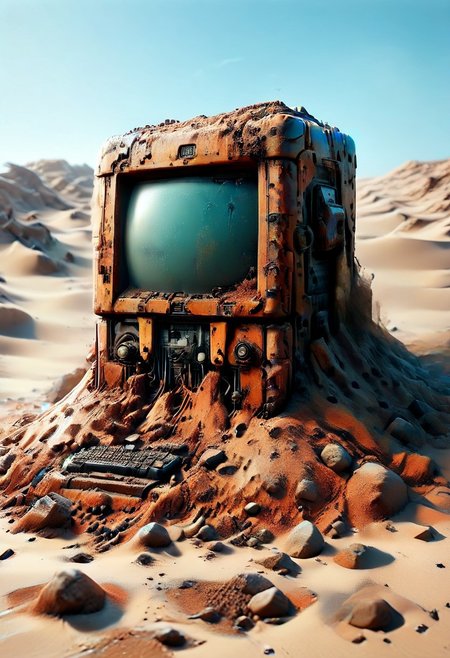 ultra high resolution, masterpiece, best quality, a sci-fi ,  desert, A (rusty) and (broken) retro computer buried in the sand, in the style of hyper realistic photography. evi@decrepPunk, no human