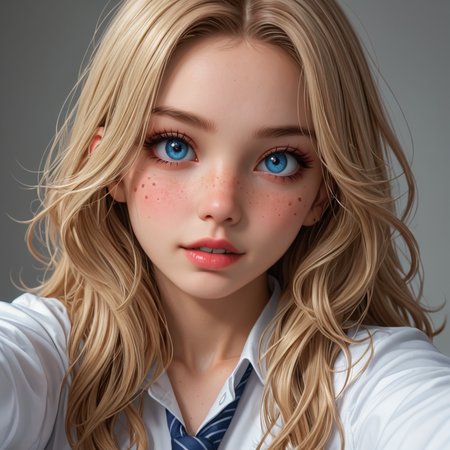 best, masterpiece, Domi with wavy blonde hair and blue eyes, extreme closeup, exotic colorful makeup, model face, model pose, selfie, highly detailed skin texture, freckles, highly detailed photo, professional photograph, dynamic lighting