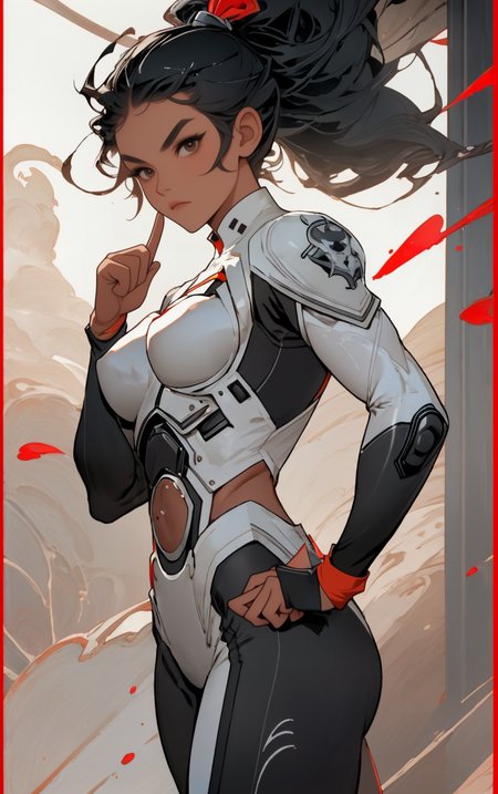 ((masterpiece, best quality)),  solo, looking at viewer, amazon_woman whit black hair wearing spacesuit, long hair, "Pout", "Spiral curls hairstyle" hair, "Holding an object with both hands, inspecting" pose , skin tight,  depth of field, light particles,
 <lora:GoodHands-beta2:1>,
<lora:BrazilianWomanAmazon_V1.0:1>,
<lora:muscle_slider_v1:2>,
<lora:weight_slider_v2:-1>,
<lora:hair_length_slider_v1:1>,
 <lora:spacesuitV1.0:0.7>,
 <lora:wuxia2:1>