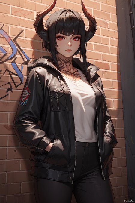 score_9, score_8_up, score_7_up, 
<lora:TKNEliza:0.8>
TKNEliza, 1girl, black hair, demon horns, tattoo, red eyes, looking at viewer, leaning against a brick wall, hands in jacket pockets, urban alleyway with graffiti art, moody lighting with shadows, edgy and modern vibe
