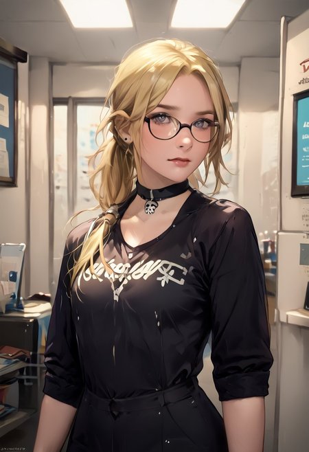 SFW, rating_all, score_10, score_8_up, score_7_up, beautiful, realistic, detailed, perfect, quality, vector, flat colors, masterpiece, Pito, 1female, university student, ((blonde hair)), ((long hair)), grey eyes, baggy eyes, glasses, nervous, ponytail over shoulder, white skin, looking at viewer, ((skullchoker)), university outfit, cowboy shot
