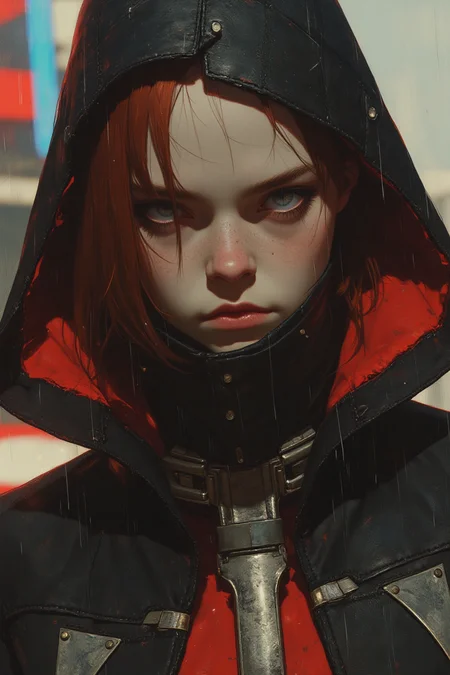 A hyper-realistic, highly stylized portrait of a copper-toned female assassin, her piercing grey eyes locked onto the viewer with calculated precision. Her short, asymmetrical hair is dyed crimson at the tips, partially obscured by a sleek matte black hood lined with scarlet. She wears a tight-fitting, high-collared obsidian leather jacket adorned with angular silver insignias, over a crimson underlayer of fine silk. A thin metallic faceguard wraps beneath her jawline. The background is a dystopian cityscape glowing in cold neon blues and reds, rain cascading down in blurred motion, amplifying her lethal, modern elegance.
