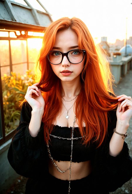 Portrait of a stunning 18-year-old woman with ginger hair, bright aqua eyes, subtle freckles, thick eyebrows, and trendy glasses giving her a nerdy appearance.A delicate chain attached to her glasses, allowing them to hang around her neck when not in use.
 She is wearing a stylish, modern outfit and is shown from the waist up, striking a random pose while looking directly at the viewer.

A small, glass greenhouse filled with plants is situated on one side of the rooftop. The setting sun casts a warm glow through the glass, creating a serene, nature-meets-city atmosphere.

Both hands holding her hair back from her face, with a focused or engaged expression.






