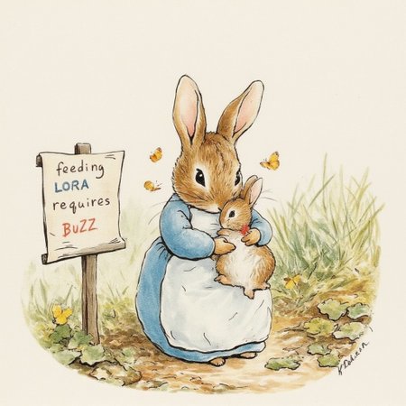 BPstyle, drawing, mother rabbit hugging her baby, sitting on the paveway, paper next to her titling:"feeding LORa requires BUZZ", pathetic,  sad