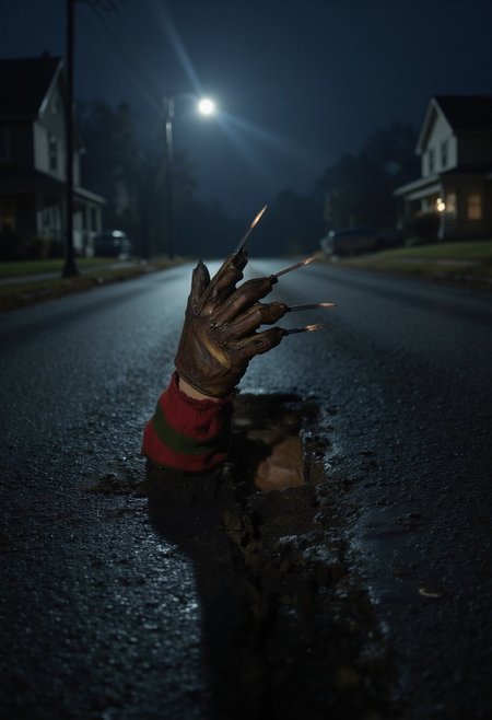 (Top realism), (Best quality), Hyper detailed photography, perfectly focused, maximum sharpness, captures the maximum realism of a sewer on a sinister road, with houses on the sides, (half the body of "Freddy Krueger" of Elm Street protrudes from the sewer), intricate details in his terrifying glove of knives, nightmare atmosphere on a perfectly lit night, cinematic style,  UHD 8k.
