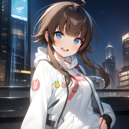(masterpiece),(best quality),(ultra-detailed),(best illustration),(best shadow),(absurdres),(detailed background),(very aesthetic), yang harim, hood, solo, 1girl, hood down, blue eyes, ahoge, brown hair, white jacket, sleeves past wrists, jacket, white hoodie, long sleeves, upper teeth only, open mouth, night city background, defaultoutfit, smile, looking at viewer, close-up, portrait, hands on waist, proud, <lora:Yang_Harim:1>