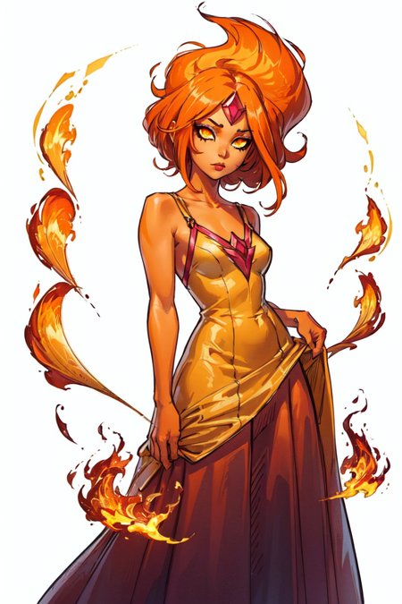 (FlamePrincess:1.2), (orange skin, orange eyes, yellow sclera, gem, flame hair:1.5), (PrincessOutfit, orange ballgown:1.5), (white background:2), (realistic:1.2), (masterpiece:1.2), (full-body-shot:1),(Cowboy-shot:1.2), neon lighting, dark romantic lighting, (highly detailed:1.2),(detailed face:1.2), (gradients), colorful, detailed eyes, (detailed landscape:1.2), (natural lighting:1.2), (cute pose:1.2), (solo, one person, 1girl:1.5), standing, <lora:FlamePrincessAdventureTime-10:0.8>   <lyco:coloredSkin-08:0.4>