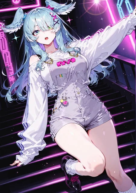 zPDXL3 Real score_9, score_8_up, score_7_up, score_6_up source_anime, highly detailed, sharp, intricate details, rating_safe rating_sensitive, rating_explicit, masterpiece, best quality, good quality, bright eyes light particles lens flare amazing quality, very aesthetic, very awa, absurdres, newest,
<lora:yoneyamaiXLNBVP1lokrV6311PZ:0.5>, <lora:SagawaNoobAI10SDXL:0.5>
<lora:nhl-001:0.4> nhl-001 film grain multicolored background  <lora:ponyv4_noob1_2_adamW:0.4>
medium breasts, dynamic pose, dynamic angle,
optical illusion, ssambatea, quasarcake, Fishine, arutera, soresaki, reoen, sanbonzakura, askzy, negative space, see-through, made of, neon light, detailed background,
niji-pendora,large breasts,heterochromia,green eye,symbol pupils,+_+,blue-green hair,streaked hair,head wings,long hair,hair ornament,x hair ornament,hair over one eye,covered one eye,
niji-pendoracos1,grey overalls,short overalls,white sweater,long sleeves,sleeves past fingers,sleeves past wrists,single off shoulder,white socks,short socks,
stairs
<lora:niji-elira:0.7>