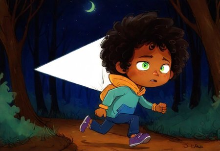 max (camp camp), cartoon theme, max (camp camp), 1boy, solo, human, male focus, curly black hair, curly tousled black hair, afro, dark skin, orange skin, dark-skinned male,  large eyes, round eyes, green eyes,small nose, triangular nose, pointed nose, anoyed face, running,  blue hood, blue pants, small body, young boy, chibi, dark forest, night