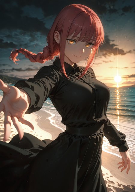 ((smile,hand reaching to viewer:1.5))

((1 girl,Makima, ringed eyes,  red hair, braided ponytail, bangs, yellow eyes, sidelocks, medium hair, long hair,glowing eyes))

(Black dress:1.5)

(Beach:1.5),(sunset:1.5)

((negative space:1.1)),((dynamic angle:1.5)),((foreshortening:1.5)),((extreme perspective:1.4)),(dynamic pose:1.5)),(bokeh around character:1.2)

artist:moriimee,Smooth_Quality,amazing quality, ((aesthetic:1.3)),((4k,8k,Ultra HD)),((Masterpiece :1.2)),((Best quality :1.2)),((Detailed :1.5)),((Detailed background :1.5))