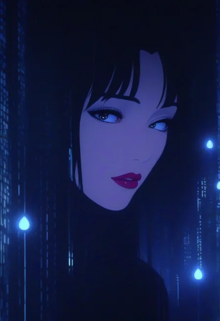 anime screencap, A close-up of a strikingly beautiful face, illuminated by soft, flickering candlelight and the neon reflections of a rain-soaked city. Her glossy, deep crimson lips curve into a sultry smirk, revealing a single, razor-sharp vampire fang stained with a faint trace of blood. A sleek black titanium lip ring glints in the dim glow. Her eyes, half-lidded and mesmerizing, shimmer with a supernatural allure—one a deep wine-red, the other an eerie silver, both framed by long, dark lashes that cast delicate shadows over her pale, porcelain skin. Her sleek, jet-black hair clings to her face in damp strands, dripping from the rain as cool mist swirls around her. The image is captured in a dynamic Dutch angle, emphasizing the sharp contours of her high cheekbones and the sensual detail of her lips, drawn in a hyper-realistic 1990s anime style reminiscent of a vintage OVA. Dramatic, high-contrast lighting from cyberpunk street signs and flickering lanterns creates deep, inky shadows across her face, enhancing the gothic, futuristic atmosphere. The frame is tinted in a rich sapphire-blue hue, intensifying the dreamlike, cinematic aesthetic, as if pulled from a lost anime film still.
