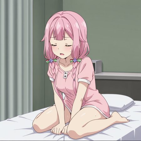 nsfw, masterpiece, best quality, 1girl, solo, warlords_of_sigrdrifa_watarai_sonoka, full body, closed eyes, pink hair, blush, braid, twin braids, hair ornament, open mouth, bangs, long hair, flower, hair flower, collarbone, indoors, short sleeves, sweat, curtains, twintails, hair over shoulder, shirt, sweatdrop, scghool health room, bed, <lora:Watarai_Sonoka_-_Warlords_of_Sigrdrifa:0.7>