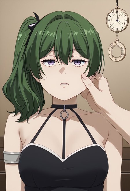 Ubel being hypnotized,
score_9, source anime, lewd, 1girl,
mind control, hypnotized, empty eyes, no pupils, blank stare, half lidded eyes, expressionless, slack jaw, (hypnotic pendulum in face), drooling,
cheek pinching, pov hands, (pov holding pendulum),
ubel, green hair, bangs, hair between eyes, side ponytail, purple eyes,