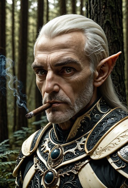1male, elf, grumpy, ethereal, beautiful, old, (bloodshot eyes, dilated pupil:1.2), (adult:1.3), safe,
silver hair, smoking cigar,
forest background, godrays, depth of field, face focus, dramatic lighting, detailed shadows,
armor made out of, ebony, ivory, scrimshaw, bone carving, armored,
 <lora:Ebony_and_Ivory_Scrimshaw_style_-_SDXL:1>, masterpiece, best_quality, amazing_quality, very_aesthetic, 8k, high_quality, highres, absurdres, subject_focus,, detailed eyes, perfect eyes, realistic eyes,