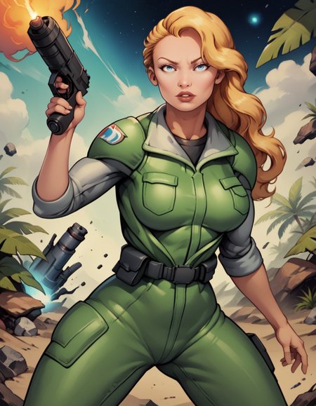 score_9, score_8_up, score_7_up,score_6_up, score_5_up, score_4_up ,
1girl, solo,
large breasts,
beatricewdg,
long hair, blonde hair, blue eyes,
parted lips,
 holding, handgun, fighting stance, energy gun, 
jungle,  science fiction,  smoke, debris, space, dark, 
 <lora:BWankmeister PXL v01-000002:1>