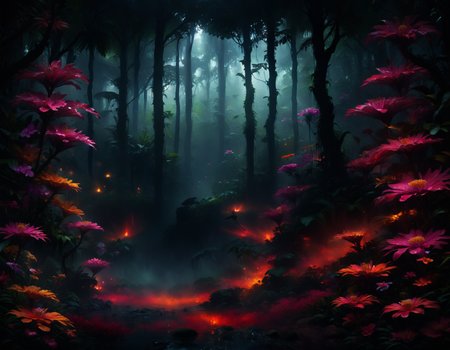 an (extremely detailed painting masterpiece) of a rain forest surrounded by colorful exotic flowers, rain forest trees, mist, light rain, (colorful flowers), (dark fantasy style), (moody color tones), (elaborate colors:1.2), (god rays:1.2), (soft lighting:1), shallow depth of field, (oil painting), (8k UHD, highest quality), <lora:add-detail-xl:0.8>, <lora:xl_more_art-full_v1:0.8>, <lora:DreamARTSDXL:0.9>, <lora:DetailedEyes_V3:0.8>