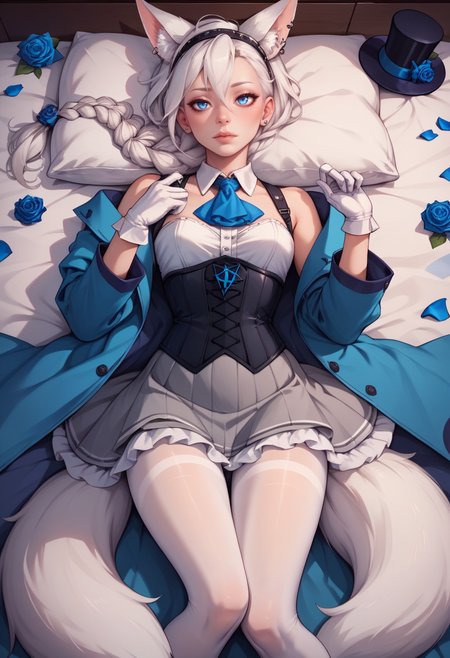 score_9, score_8_up, score_7_up, score_6_up, score_5_up, score_4_up, rating_explicit,  BREAK,  <lora:fubukiXL-10:0.75> fubukielegant, braided ponytail, blue coat, blue ascot, blue rose, corset, collared shirt, grey skirt, frilled skirt, white pantyhose, white gloves, mini top hat, hairband, white hair, piercing, fox tail, pentagram lying face down, head toward the camera