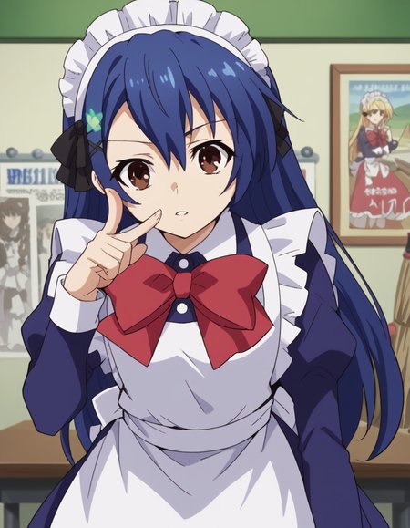 score_9, score_8_up, score_7_up, source_anime, <lora:shiori-itsuka-s2-ponyxl-lora-nochekaiser:1>, shiori itsuka, long hair, hair ornament, brown eyes, blue hair, hairclip, otoko no ko,, long sleeves, dress, bow, frills, bowtie, apron, red bow, maid, maid headdress, crossdressing, enmaided, clubroom, posters, meeting table, decorations, student council, , <lora:finger-to-cheek-ponyxl-lora-nochekaiser:1>, finger to cheek, index finger raised, pointing at self, bedroom, parted lips, leaning forward, bent over, cowboy shot, dutch angle,, looking at viewer, solo,, dutch angle, cowboy shot