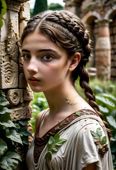 a close-up photograph of luc14nn4, a young woman at an ancient roman ruin, wearing a stola. Wearing her hair in a side-braid. Surrounded by a verdant garden of acanthus ferns and flowering vines, and walls decorated with ancient roman wall art.