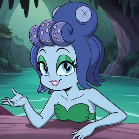score_9, score_8_up, score_7_up, score_6_up, score_5_up, score_4_up, forest, ocean, anime screencap, flat color, source_anime, animification, anime coloring, <lora:Calamaria_The_Cuphead_Show-000005:0.8> , calamariach, blue skin, colored skin, octopus, monster girl, blue eyes, bra, strapless, mermaid, looking at viewer, smile, pink lips