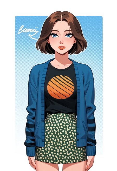 score_9, score_8_up, score_8_up, btimmsketch, (cowboy Shot,:1.1) 
NatalieAMCM, 1girl, short hair, wavy hair, shoulder-length hair, brown hair, blue eyes, cardigan, blue cardigan, striped sleeves, t-shirt, black shirt, printed shirt, orange print, sun symbol, sun print, short skirt, floral skirt, green skirt, high-waist skirt, sexy legs, 
Sexy pose, halftone effect, white borders, abstract background:1.2