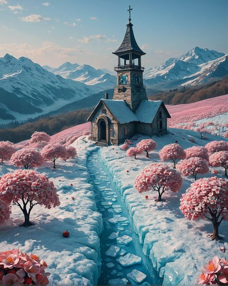 Surreal Landscape, Creator Landscape,
(style ofAndreas Achenbach (Nordic realism)), Apple orchard in spring blossom, frost flowers on ice, bell tower on hill summit, 
<lora:ClassipeintXL2.1:0.493> oil painting,
<lora:extremely_detailed:0.109> extremely detailed,
<lora:add-detail-xl:0.736>, 
<lora:dreamshaperXL10_lora:0.793>, 
 <lora:Flux-XL_Scenery: 0.232> flux-scenery,
detailxl,
advntr,