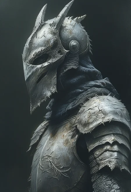 grainy, noise, dark artwork, extremely hyper realistic detailed knight, solo,
lowlight, black background, 
<lora:add-detail-xl:1.05>  
 <lora:tbh266-sdxl:1> style of Bestiary