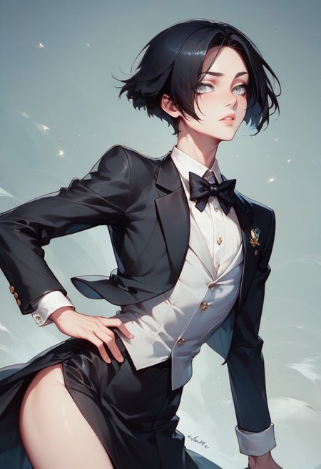 score_9, score_8_up, score_7_up, 1boy, femboy, otoko no ko, short hair, bob cut hair, black hair, grey eyes, gray eyes, feminine face, toned body, Shelly, tuxedo, highly detailed, intricate, zzCitronCAT, pose, modelshoot