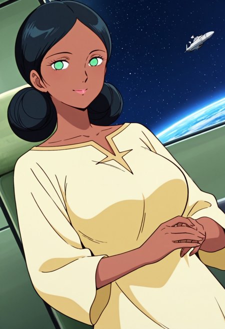 general,highres, ultra-detailed,very aesthetic,best quality ,best hands,best eyes,easynegative,
dynamic anglre, dutch angle, anime cloring,anime screencap,
1girl solo,looking at viewer,space ship, smile,
Lala Sune,dark-skinned female, green_eyes, black_hair,low twin hair buns,huge_breasts,yellow dress,