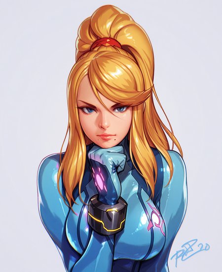 <lora:robaato:1> robaato,
(masterpiece), (best quality), (ultra-detailed), amazing quality, very aesthetic, illustration, perfect composition, intricate details, absurdres, incredibly absurdres, shiny skin, realistic,
 robaato, samus aran, 1girl, zero suit, solo, blonde hair, mole, mole under mouth, bodysuit, long hair, ponytail, looking at viewer, breasts, upper body, lips, signature, blue eyes, blue bodysuit, high ponytail, skin tight, simple background, hand on own chin, samus aran, sensitive