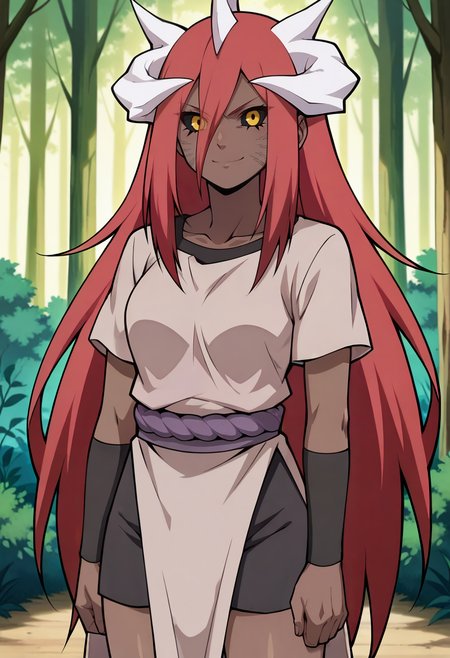 forest, solo,  looking at viewer,  upper body, smile, closed mouth, 
ctayuya,very long hair, hair between eyes, red hair,long bangs, horns, black sclera,yellow eyes,dark skin,  medium breasts, collarbone,
tunic,grey dress, rope, short sleeves, black sports bra,black shorts, black armband, toeless footwear,  pelvic curtain,
anime screencap, masterpiece, best quality,  <lora:ctayuya v1:0.9>,