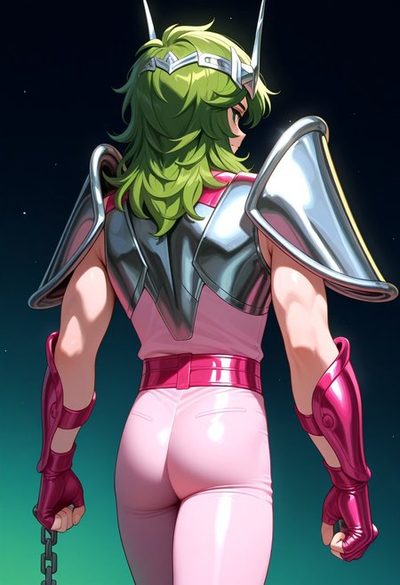 masterpiece, best quality, amazing quality, very aesthetic, absurdres, newest, ANDROMESHUN, ANDRSHUNV2, 1boy, slender figure, magenta pauldrons, curved pauldrons, silver circlet, long wavy green hair, green eyes, shiny armor, magenta sleeveless armor, magenta vambraces, fingerless magenta gloves, magenta boots, pink kneepads, light pink pants, pink belt, chains, (view from behind:2)