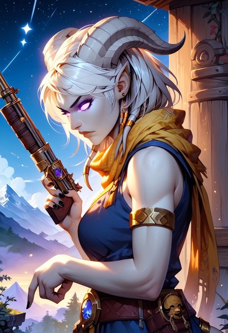 masterpiece, score_9, score_8_up, score_7_up, score_6_up, world of warcraft, detailed face, 
outdoor, mountains, night, stars, 
(female, mature, draenei, h0rns, ram horns, white horns, athletic arms, pale white skin, long white hair, four fingers, one thumb, black nail polish), (purple eyes), stern face, stern look, 
(long loose blue dress, simple armlet, yellow silk scarf), GunMonk, shotgun, 
side view
