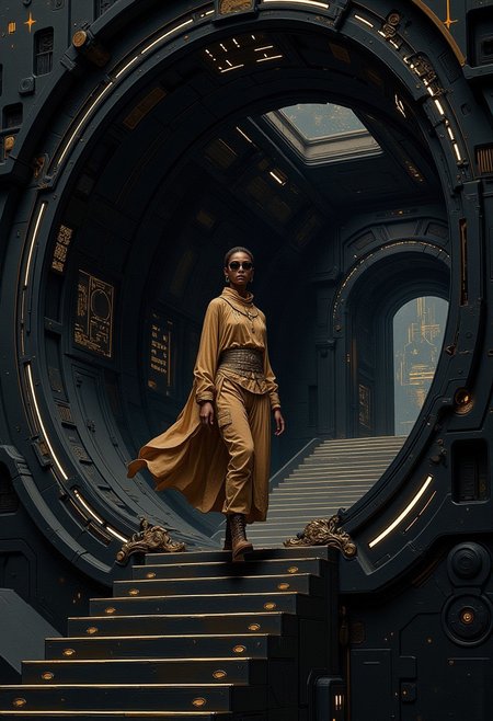 A young african woman in tunic and trousers and sunglasses walks down the stairs inside a massive black spaceship, cyberpunk and post-apocalyptic themes,  complementary colours, painterly, illustration, hyp3rd3tail style