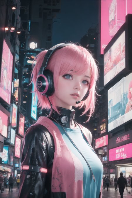((cyberpunk)), vary blue and red and orange and pink hard light, intricate light, portrait of a robotic girl with pink hair and headphones in a city at night with neon lights and buildings in the background, in the Sci-fi City at night, white and intricate clothes, dynamic hair, haircut, dynamic fuzziness, beautiful and aesthetic, intricate light<hypernet:yukoring:0><lora:Cornflower-000001:0>