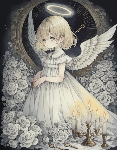 masterpiece,  best quality, newest, highres, absurdres,   <lora:rusetsuksr_style:1>,rusetsuksr_illu,  candle, 1girl, flower, wings, halo, candlestand, angel, white flower, rose, dress, blonde hair, feathered wings, white rose, traditional media, solo, angel wings, short hair, painting (medium), key, white dress