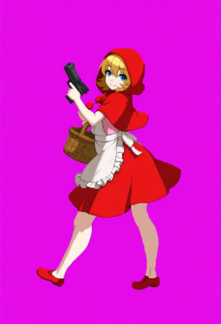 masterpiece, best quality, solo, 1girl, smile, looking at viewer, <lora:Dengeki_Bunko-illus_Fp:1>, full body, pixel art, simple background, <lora:Bbhood-illus_Fp:1>, bbhood, short hair, blonde hair, blue eyes, hood, capelet, red dress, bow, white apron, pom pom \(clothes\), hood up, basket, from side, handgun, red footwear, v
