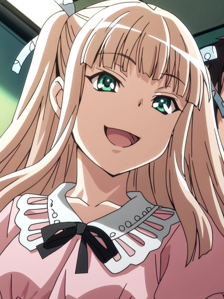 <lora:happy_tentacle-katakura-v0.2-000021:1>, ht_katakura, two side up, hair ribbon, green eyes, medium breasts, pink dress, collared dress, lace-trimmed collar, , upper body, 1girl, (petite:1.2), solo focus, smile, open mouth, (looking at viewer:1.1), indoors , backlighting, (depth of field:0.8), (from below:0.8), <lora:Shed_The_Skin's StS_age_slider_v1_initial_release:-1>, score_9, score_8_up, score_7_up, score_6_up, score_5_up, score_4_up,