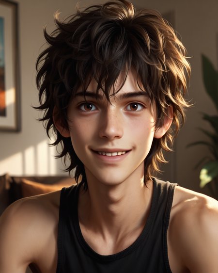 score_9, score_8_up, score_7_up, rating_questionable, intricately detailed,
<lora:homri52:1>,
<lora:Nico_Di_Angelo_Percy_Jackson_the_Olympians:0.8>, 1boy(Nico, Pale Skin, Black Hair, Messy Hair, Dark Brown Eyes, looking at the viewer, happy,
solo, portrait, face focus, shoulders visible, tank top), cozy living room,
highres,
detailed background, depth of field, 
<lora:ral-chrosc-clr:0.7>, ral-chrosc-clr,
<lora:Expressive_H:0.5>, Expressiveh,
<lora:xl_more_art-full_v1:0.3>,
<lora:add-detail-xl:0.3>