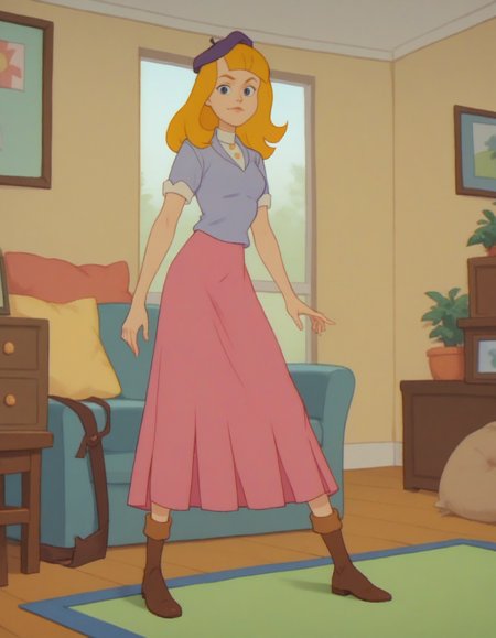 score_9, score_8_up, score_7_up,
xbonniepx, blonde hair, long hair, blue eyes, 
beret, shirt, long skirt, boots,
indoors, living room, 
1girl, looking at viewer, posing, standing, legs apart, 
 <lora:bonnieparker-wishkid:1>