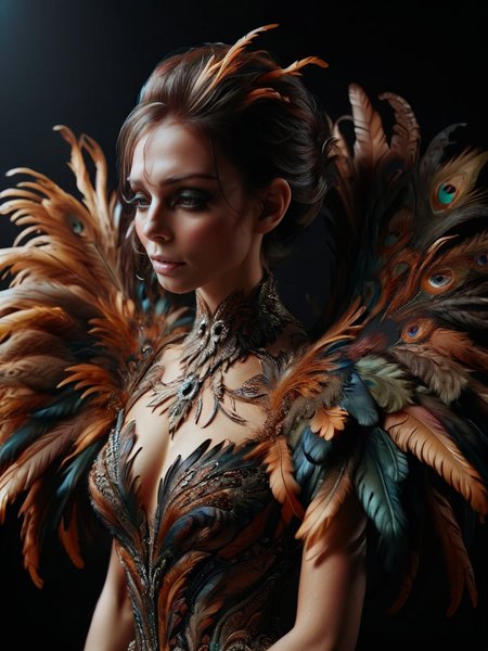 ral-feathercoat, a woman in a feathered costume poses for a picture <lora:ral-feathercoat-sdxl:1> black background, dim warm backlight, ring light