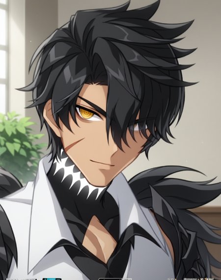 score_9, score_8_up, score_7_up, source_anime, anime screencap, depth of field, rating_safe, BREAK,
1boy, solo, yaoi, male focus, mature male, 
looking at viewer, portrait, facing viewer, straight-on, 
<lora:raven_revenant:1> ravenrevenant, black hair, yellow eyes, short hair, hair over one eye, dark skin, scar on face, 
indoors,