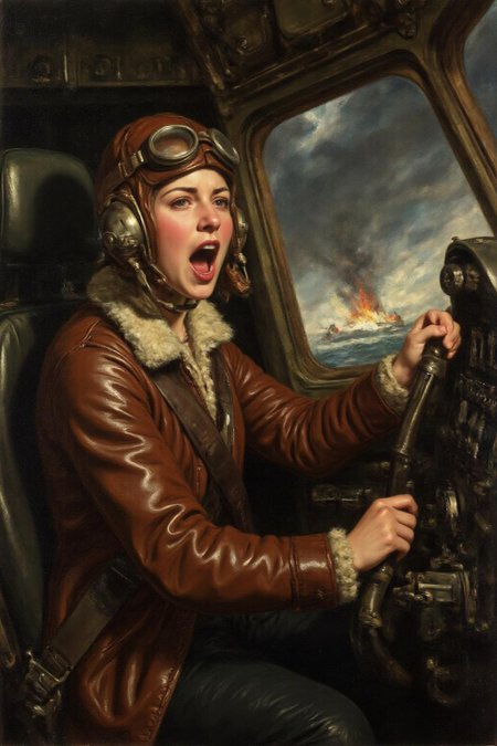 jore1 painting. 
A female pilot screaming inside the cockpit of a World War II bomber. The pilot, wearing a vintage leather flight helmet with goggles and a bomber jacket, grips the controls with white-knuckled hands. Her face is contorted in a mix of fear and determination as she yells, her eyes wide with adrenaline. The cockpit is cramped and filled with old-fashioned dials and gauges, with the outside view showing dark stormy clouds and distant anti-aircraft fire.  
 <lora:jore1_cap_d6a3e12:1.0><lora:818412100209861778:0>
