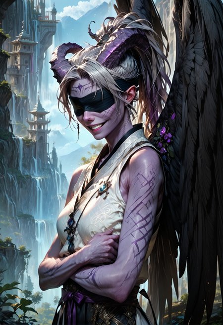 (absurdres, best quality, masterpiece:1.4), 
score_9, score_8_up, score_7_up, score_6_up, 
detailed, 
detailed body, 
detailed face, 
(((smooth skin, unbroken skin, detailed skin))), 
fantasy, 
alone, 

female, 
tiefling, 
h0rns, 
ram horns, 
black horns, 
tall, 
((((purple skin)))), 
((long grey hair, ponytail)), 
(((wingsd, black wings))),

crossed arms, arms across stomach, 
soft smile,

(white robe, sleeveless, 
blindfold, black cloth blindfold), 

depth of field, 
outdoors, 
mountain temple, 
upper body, 
front view, 
