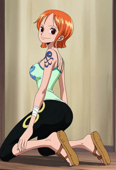 score_9, score_8_up, score_7_up, ultra quality, solo, 1girl, arlong_park,nami (one piece), orange hair, short hair, brown eyes, breasts, shoulder tattoo, green camisole, dot print, capri pants, black pants, sandals, bandages, smile, butt focus, big hips, big butt, bubble butt, curvy, narrow waist, kneeling, looking to the viewer, close up, screencap