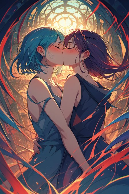 PDXL, source_anime, <lora:BerryVerrineV1-PDXL:1>, b3rryv3rr1ne, 
2girls, closed eyes, blushing, kissing,
(surreal)