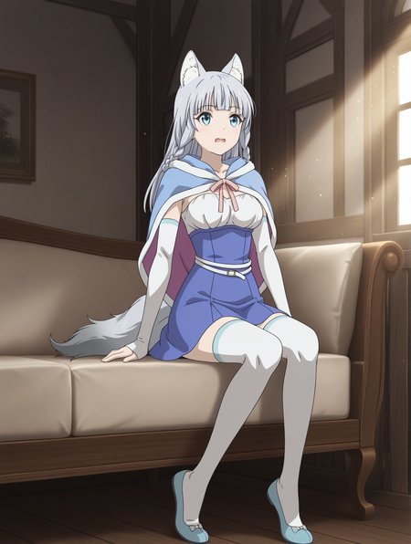 (blue capelet, blue dress, detached sleeves, white thighhighs, blue flats:1.50), 
km-shigure, blue eyes, grey hair, bangs, long hair, wolf ears, wolf tail, 
medium breasts, 1girl, 
(masterpiece, highres, ultra-detailed,very aesthetic, best quality, absurdres, high quality, highres), 
excited,
,
(feet:1.70), 
BREAK,
indoors,
light particles light rays sunlight
,
(solo:0:4::0.40), (skinny:0.8),
(),
<lora:km-shigure-V04-illXL-000003:0.90>