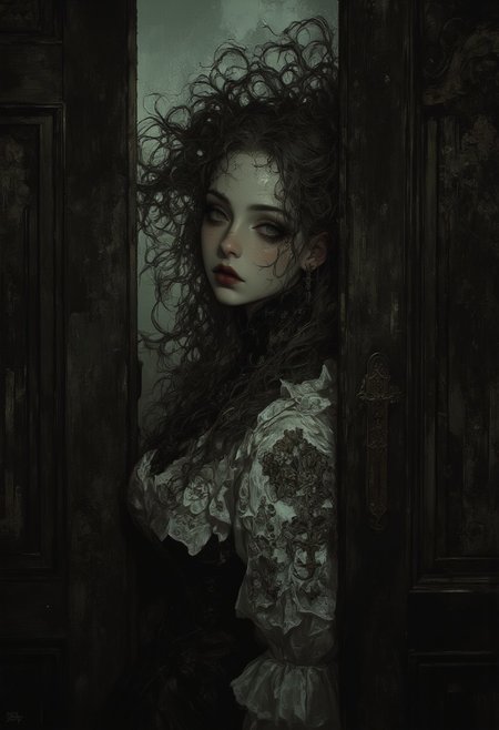 Create an intricately detailed, hyper-realistic head-and-shoulders portrait of an aging, cracked Victorian-era porcelain and paper-mâché doll. She is small in stature, no bigger than a small child and peers around the edge of a dark wooden doorway, her delicate porcelain fingers barely visible as they grip the frame. A deep, jagged crack splits her forehead, and her glossy black void-like eyes lock onto the viewer with a sinister, knowing grin. A cold, unnatural glow from behind silhouettes her figure, casting an eerie halo around her wild, dust-matted curls. Her once-elegant Victorian gown, adorned with tattered lace and intricate embroidery, clings to her fragile frame, the frayed edges barely catching the dim light. The peeling wallpaper behind her reveals darkened wood panels, their surfaces warped with time. Wisps of dust swirl in the air, illuminated by the unsettling backlight, as faint whispers seem to emanate from the shadowed hallway beyond. The air is thick with haunting elegance, a perfect balance of beauty and creeping dread as she lingers in the doorway, watching… waiting.