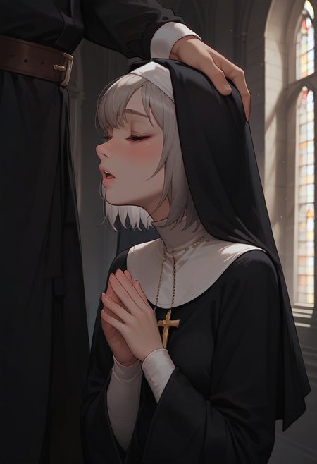 masterpiece, best quality, wallpaper, highly detailed, score_9, score_8_up, score_7_up, score_6_up, source_anime, (score_9, score_8_up, score_7_up), (vivid colours), g0thicPXL,
BREAK.
1girl,small breast,medium ass, ,blush, short silver hair, (messy silver hair), bangs,pale skin, medium breast, sexy face, glowing light,young, perfect body, fair skin, ((dark circles under eyes)), ((messy silver hair)), grey eyes,open eyes,(tired face), dynamic pose,indoors, (tired face),nun,sexy nun constume,praying, kneeling ,pale skin, blushing, closed eyes,medium closeup, from medium, profile view,1man, out frame, priest,between the legs, in front of her face, open mouth, close up her face
BREAK
(church), warm light