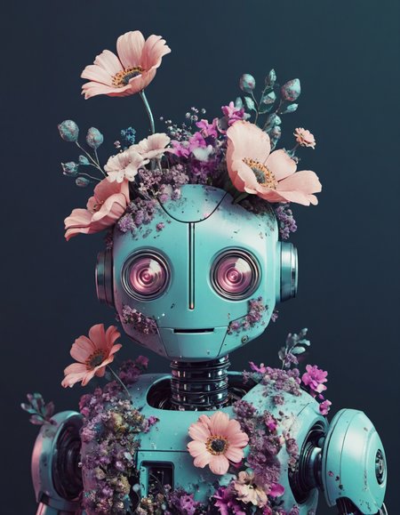 novuschroma style cute robot with flowers floral decay <lora:104_novuschroma_1:1>